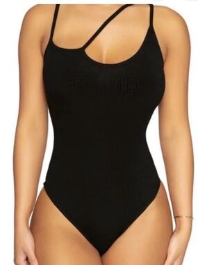 Naked Wardrobe Black Ribbed Asymmetrical Strappy Snatched Basics Bodysuit L & XL